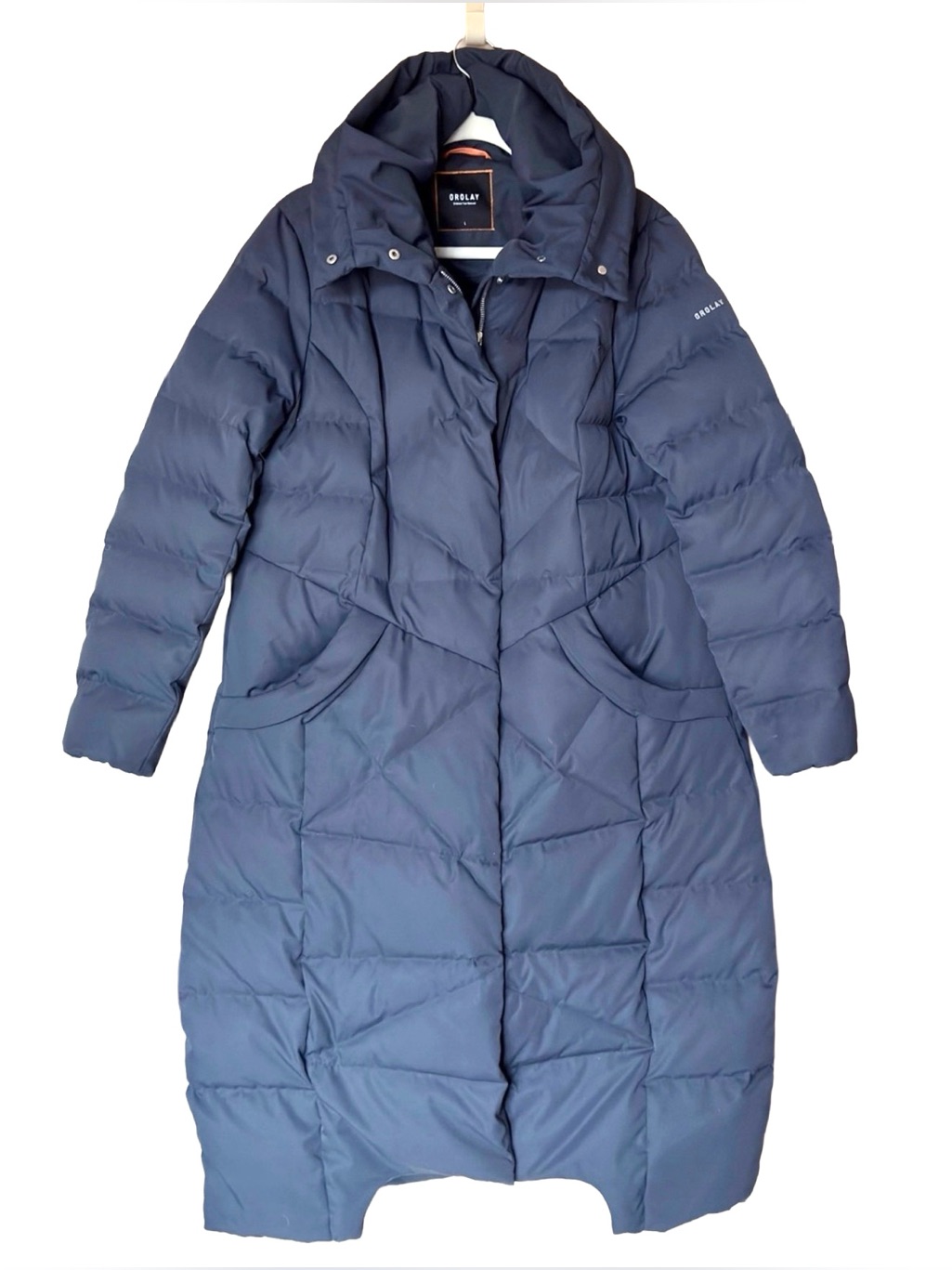 Orolay Long Maxi Down Puffer Coat Navy Blue Hooded Zip Snaps Women’s L Warm